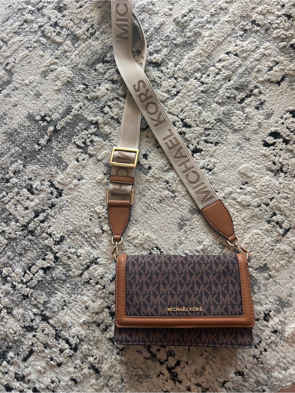Michael Kors Brown MK Logo Crossbody with Beige Branded Strap